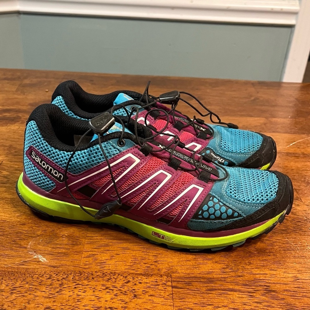 Salomon X-Scream purple blue green trail running shoes size 6.5
